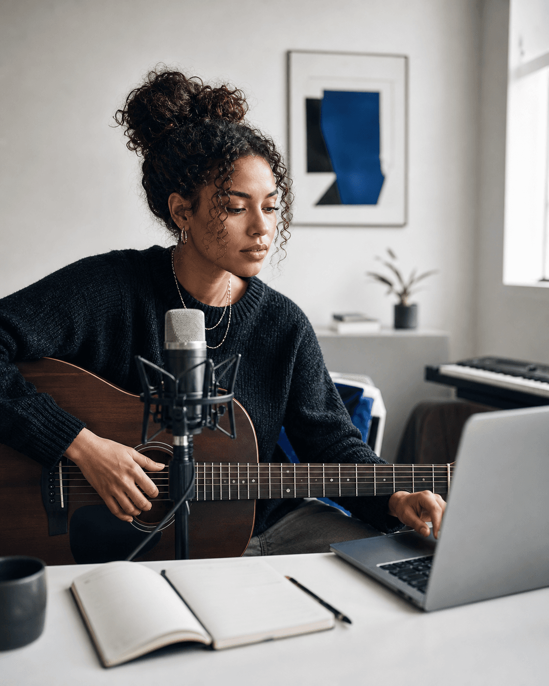Singer-songwriter developing an acoustic song at home
